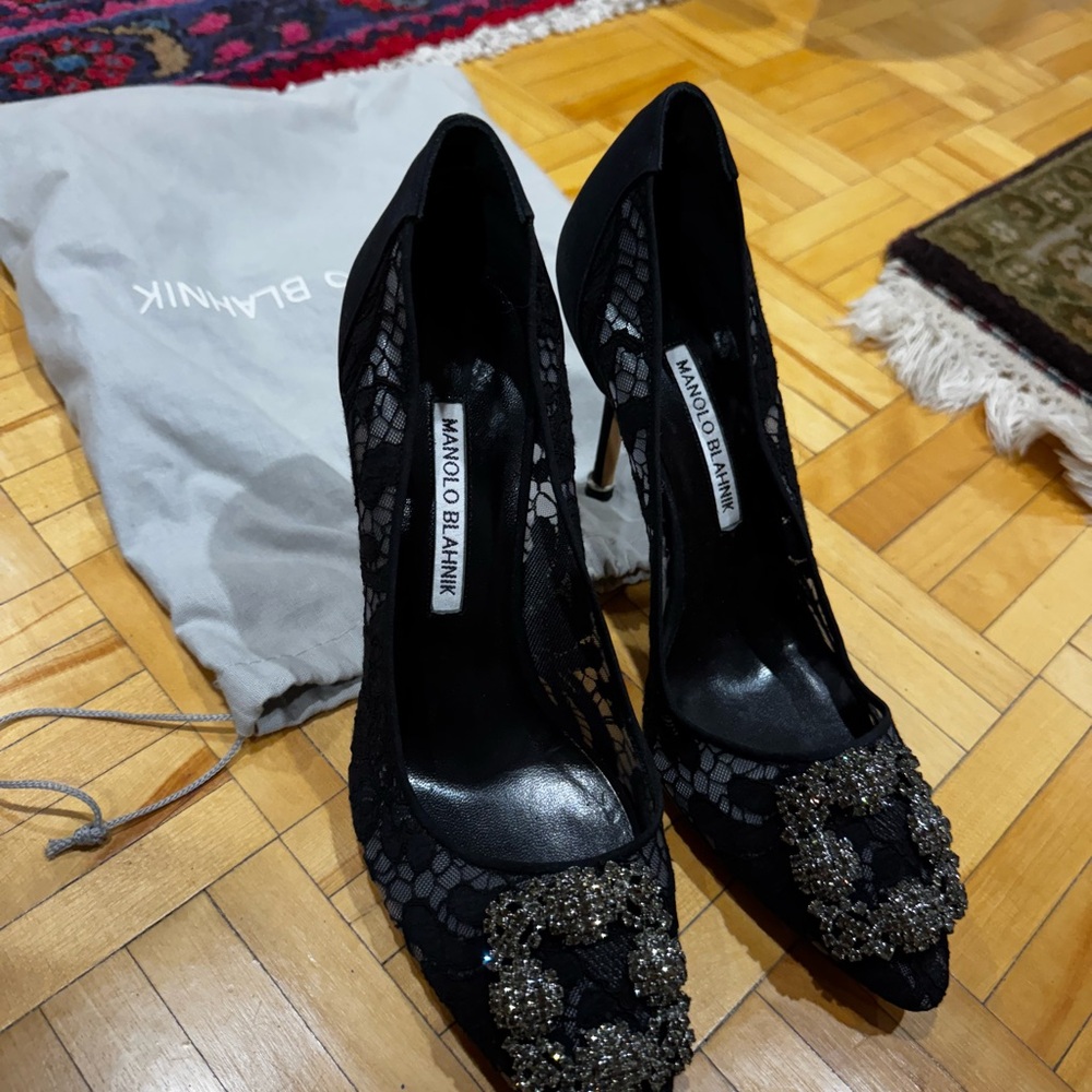 Manolo Blahnik Black Lace Heels with Embellished Buckle